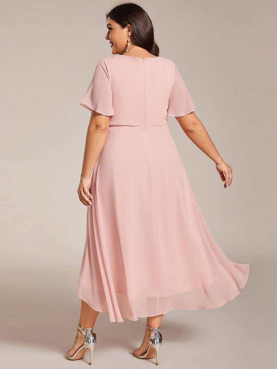 pretty LARK|Plus Size Chiffon Short Sleeves Pleated V-Neck A-Line Midi Wedding Guest Dress