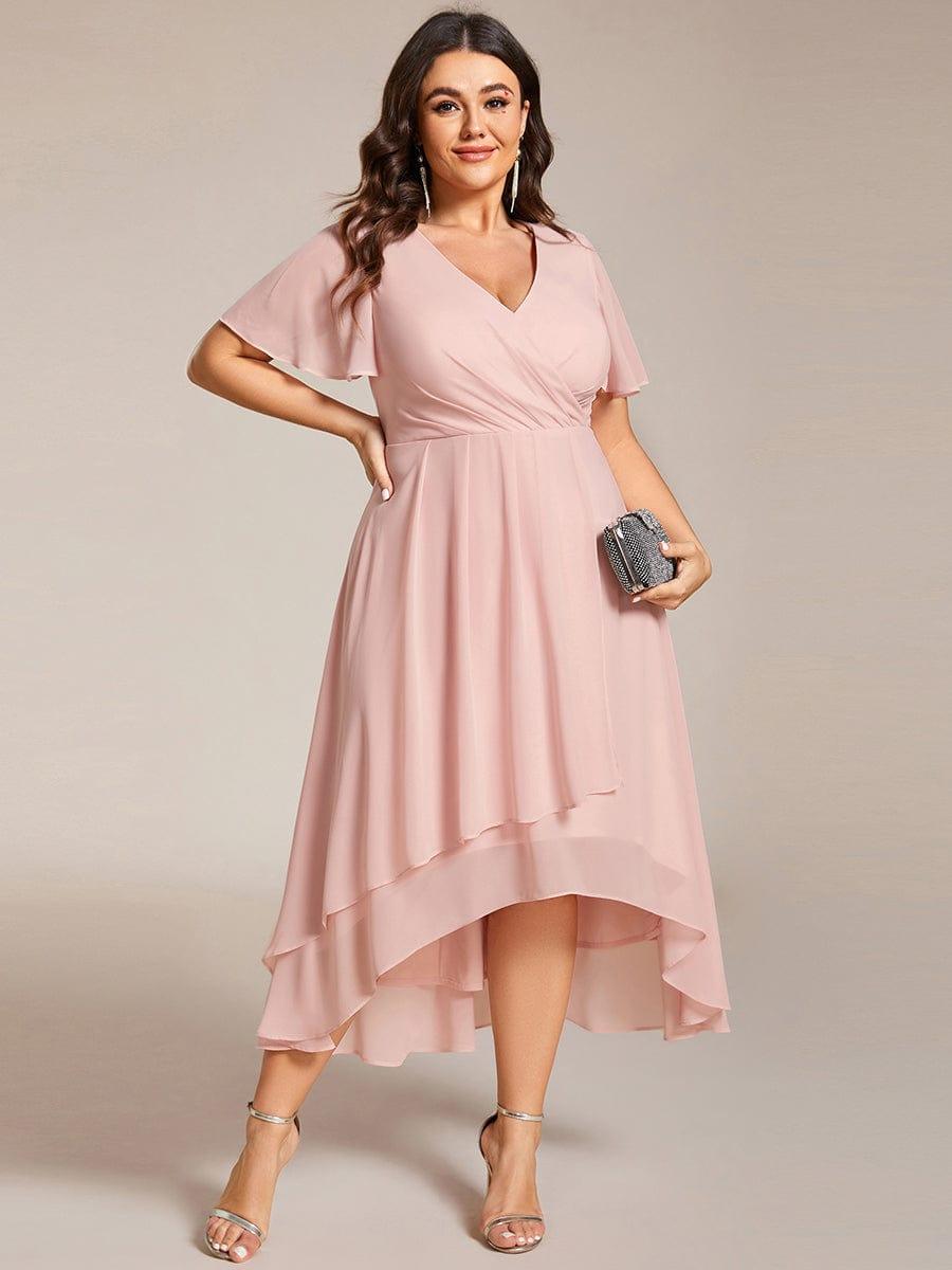 pretty LARK|Plus Size Chiffon Short Sleeves Pleated V-Neck A-Line Midi Wedding Guest Dress
