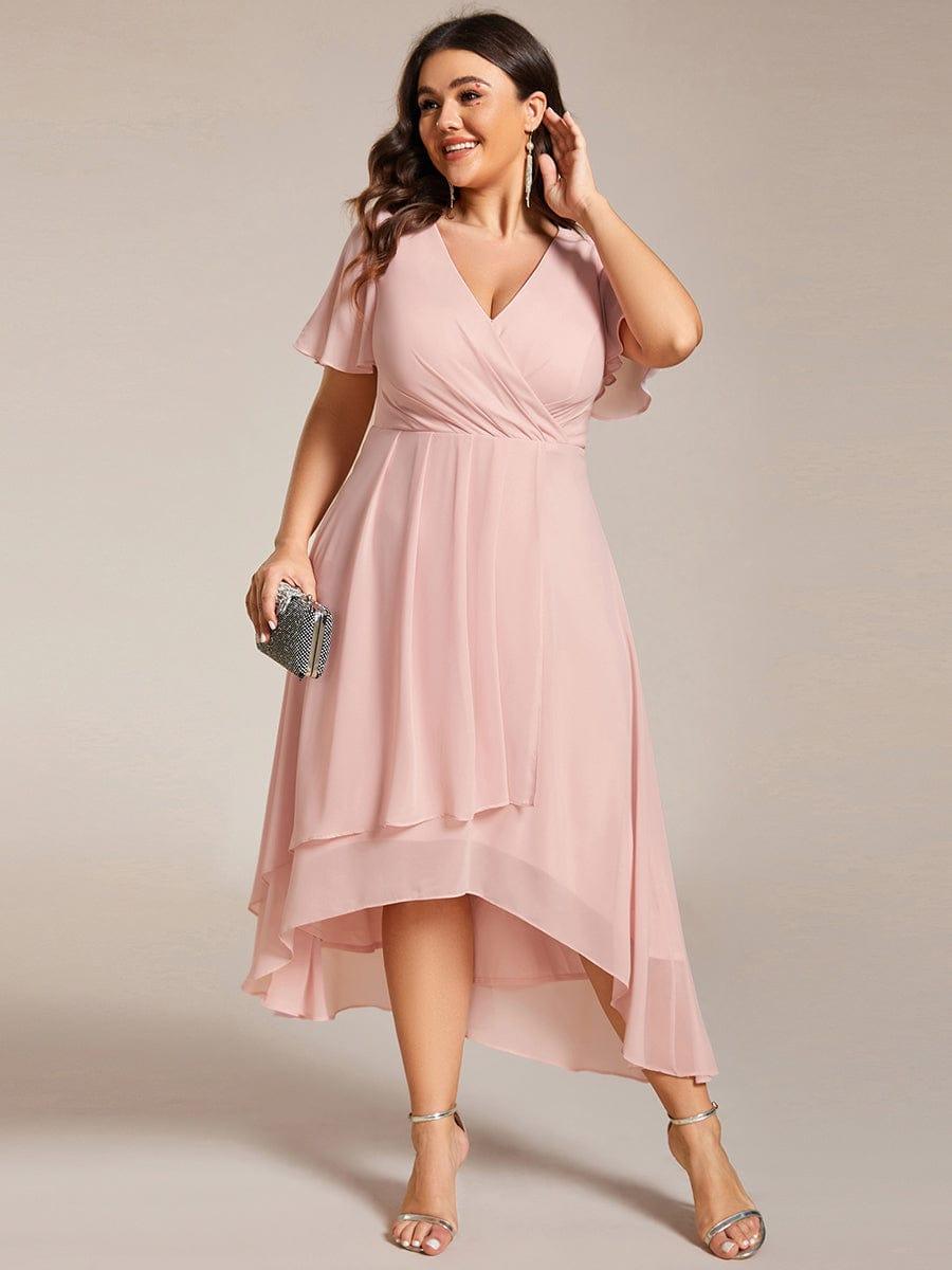 pretty LARK|Plus Size Chiffon Short Sleeves Pleated V-Neck A-Line Midi Wedding Guest Dress