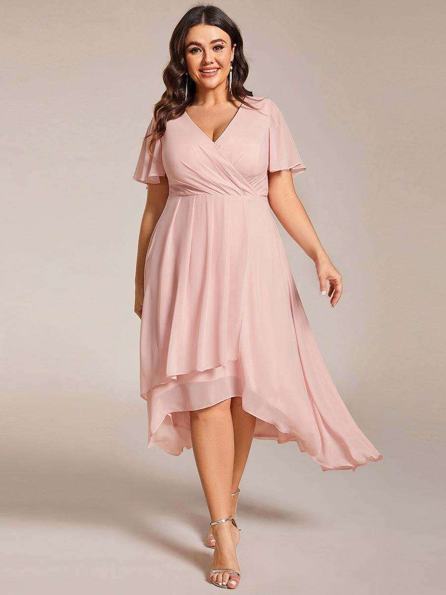 pretty LARK|Plus Size Chiffon Short Sleeves Pleated V-Neck A-Line Midi Wedding Guest Dress