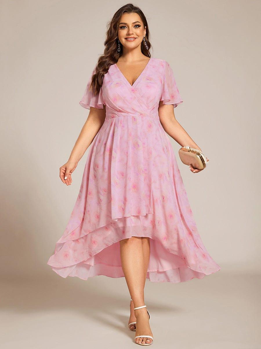 pretty LARK|Plus Size Chiffon Short Sleeves Pleated V-Neck A-Line Midi Wedding Guest Dress