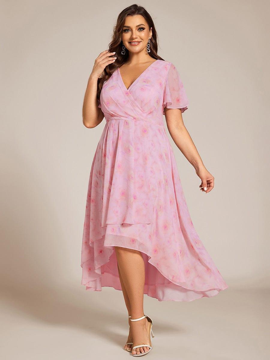 pretty LARK|Plus Size Chiffon Short Sleeves Pleated V-Neck A-Line Midi Wedding Guest Dress