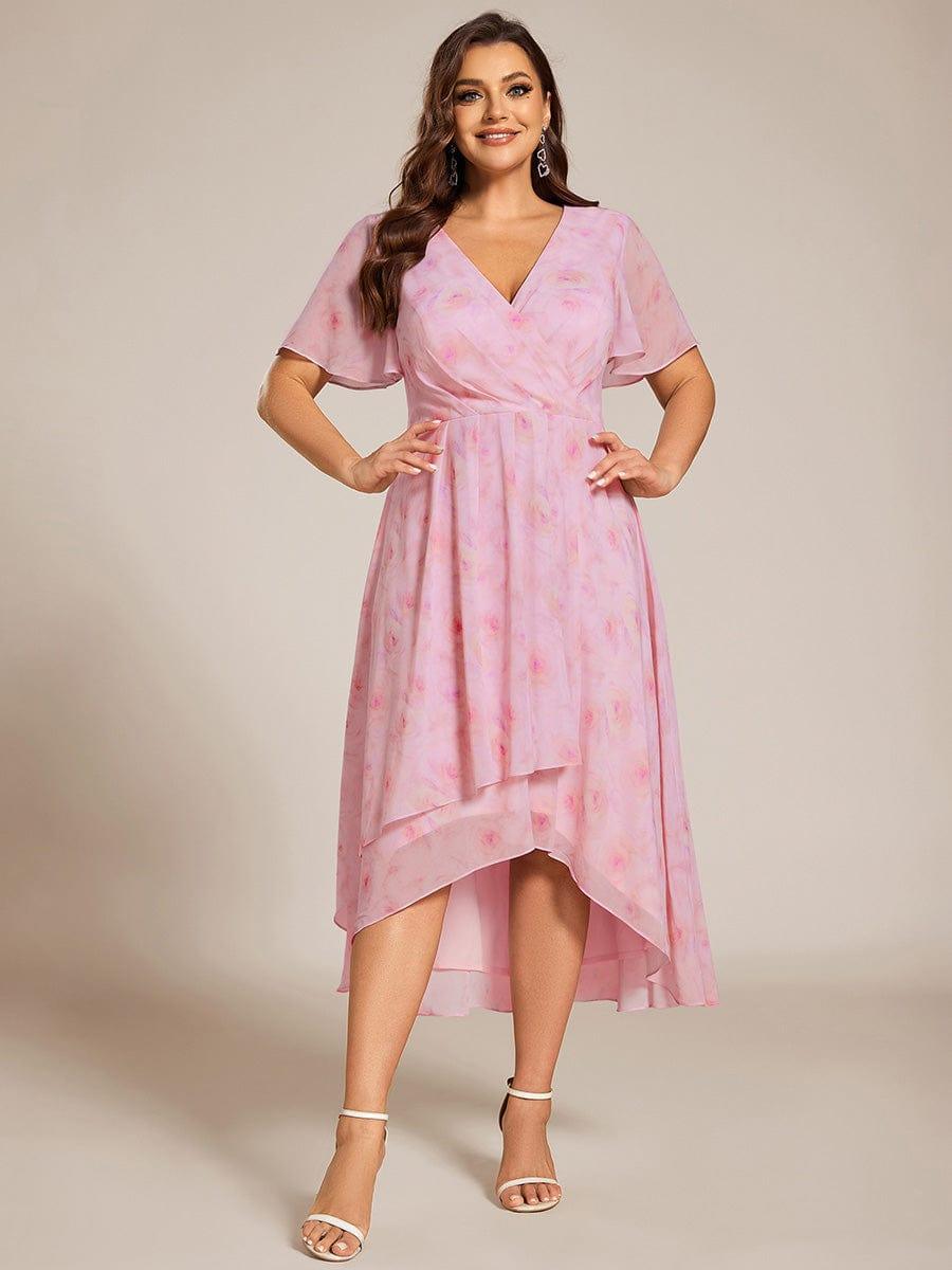 pretty LARK|Plus Size Chiffon Short Sleeves Pleated V-Neck A-Line Midi Wedding Guest Dress