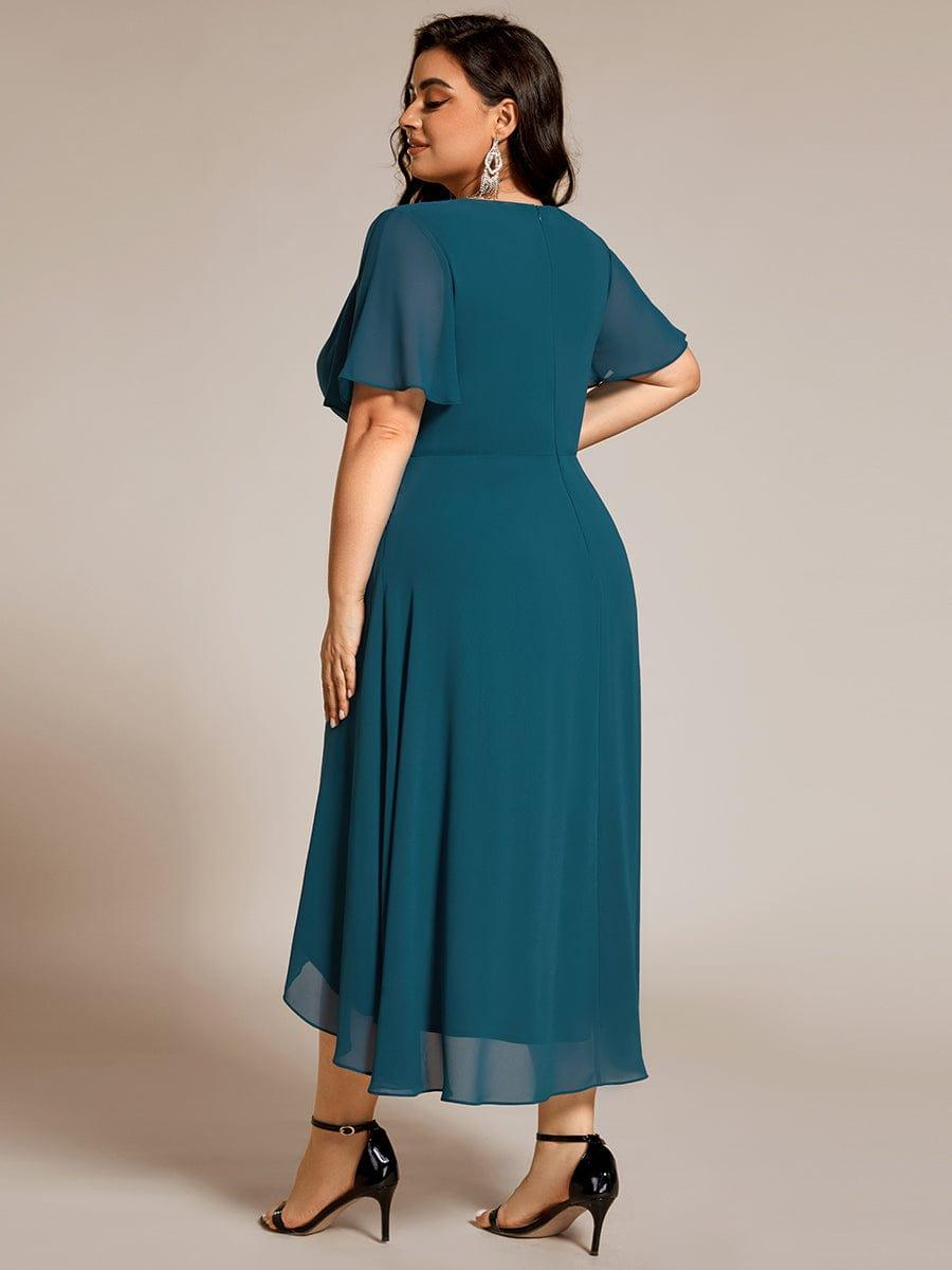 pretty LARK|Plus Size Chiffon Short Sleeves Pleated V-Neck A-Line Midi Wedding Guest Dress