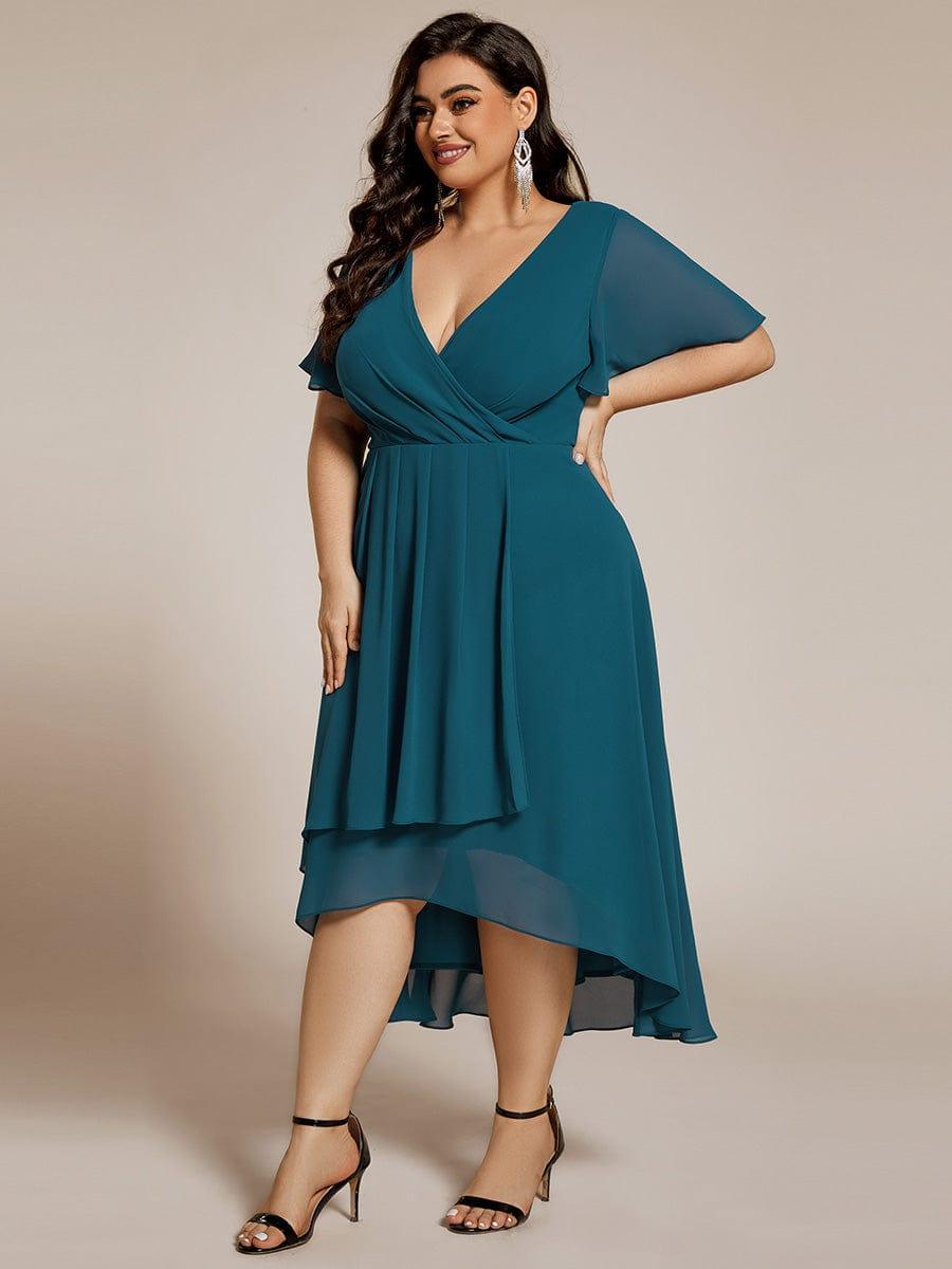 pretty LARK|Plus Size Chiffon Short Sleeves Pleated V-Neck A-Line Midi Wedding Guest Dress