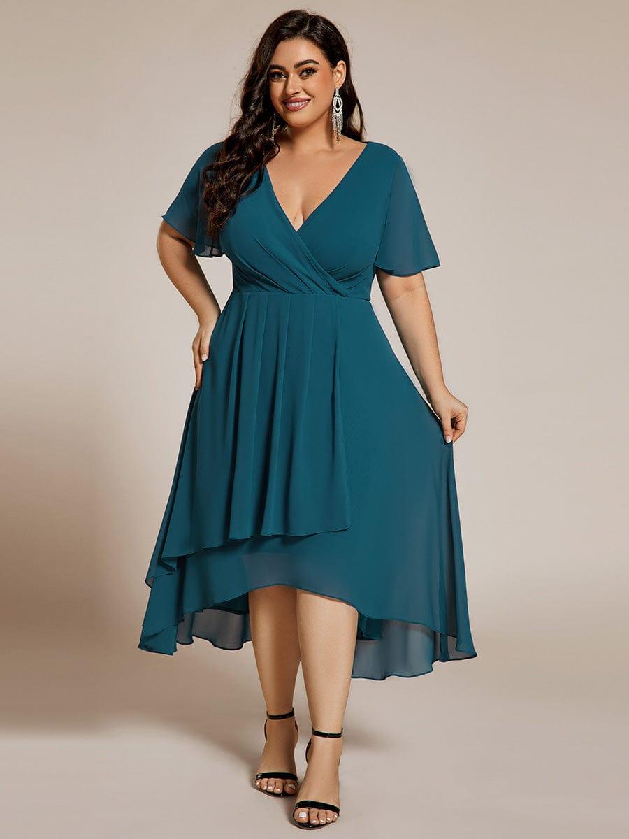 pretty LARK|Plus Size Chiffon Short Sleeves Pleated V-Neck A-Line Midi Wedding Guest Dress