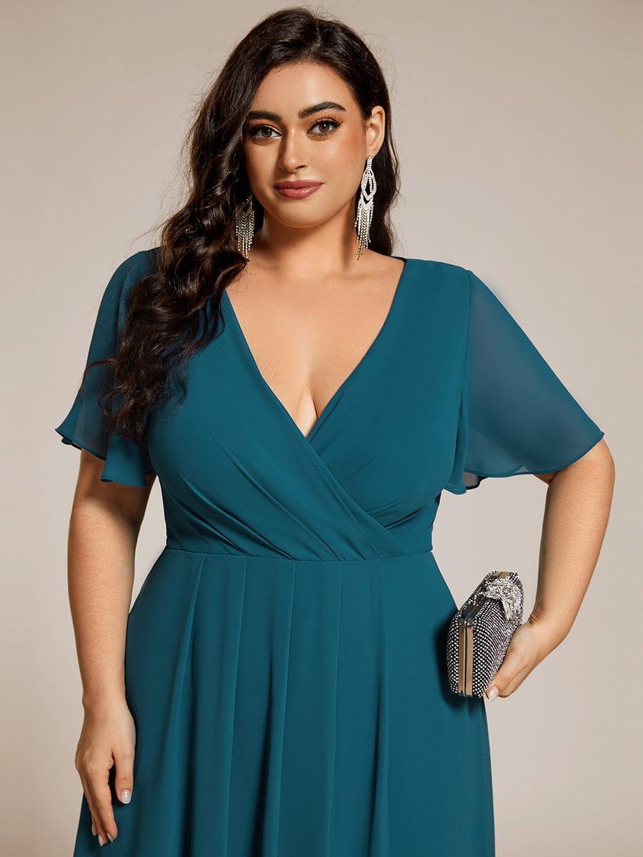 pretty LARK|Plus Size Chiffon Short Sleeves Pleated V-Neck A-Line Midi Wedding Guest Dress