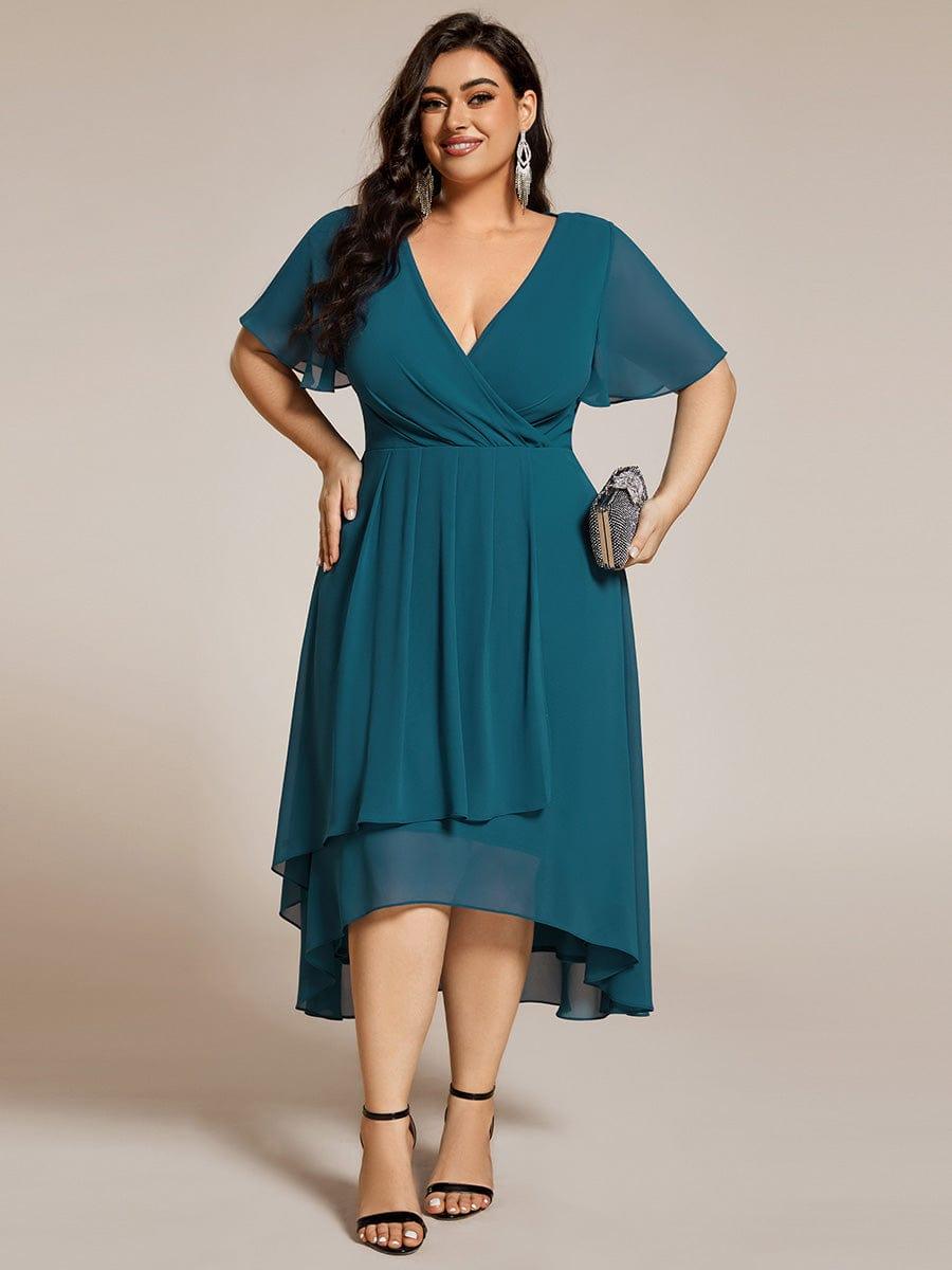 pretty LARK|Plus Size Chiffon Short Sleeves Pleated V-Neck A-Line Midi Wedding Guest Dress