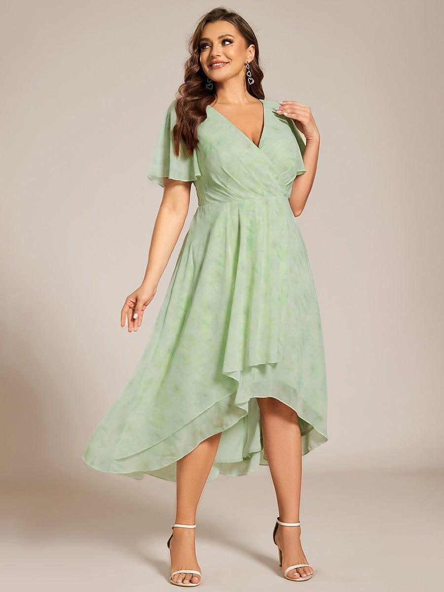 pretty LARK|Plus Size Chiffon Short Sleeves Pleated V-Neck A-Line Midi Wedding Guest Dress