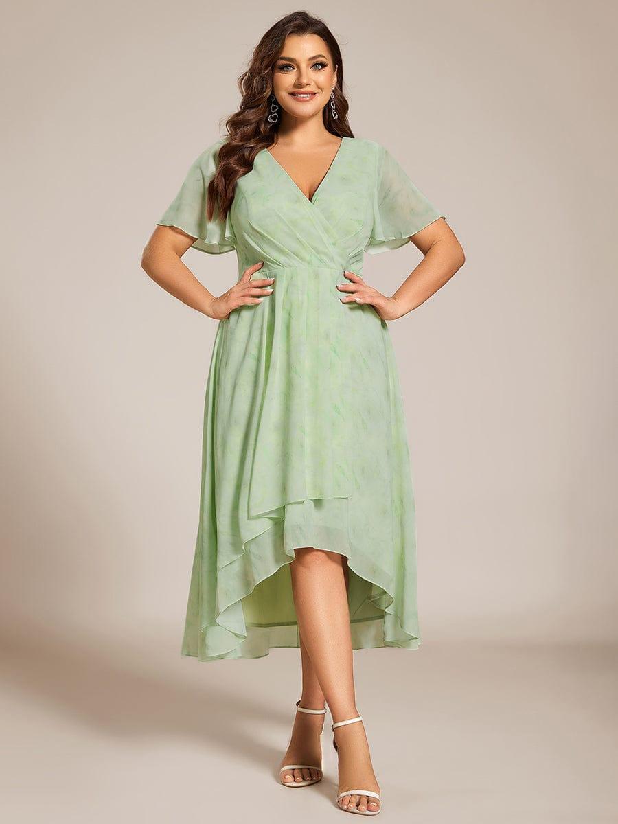 pretty LARK|Plus Size Chiffon Short Sleeves Pleated V-Neck A-Line Midi Wedding Guest Dress