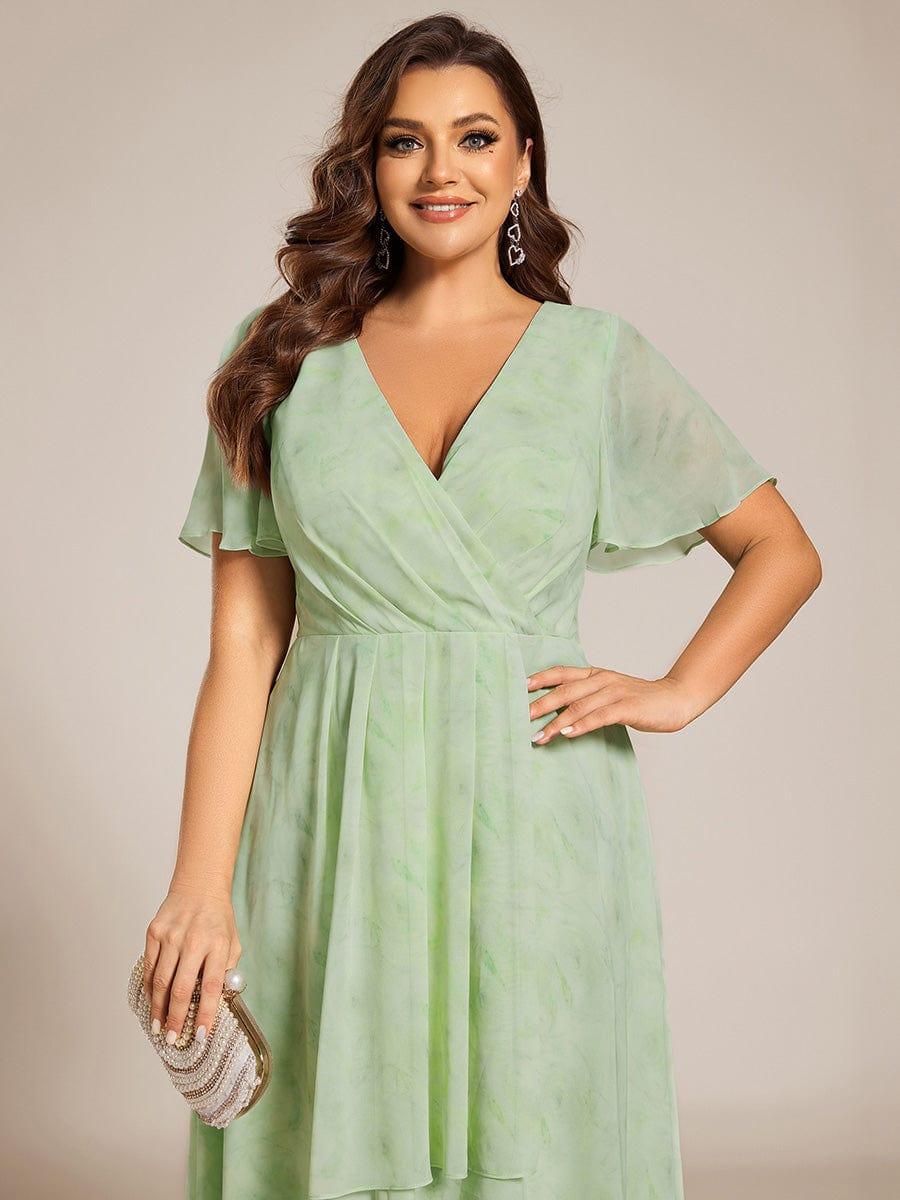 pretty LARK|Plus Size Chiffon Short Sleeves Pleated V-Neck A-Line Midi Wedding Guest Dress