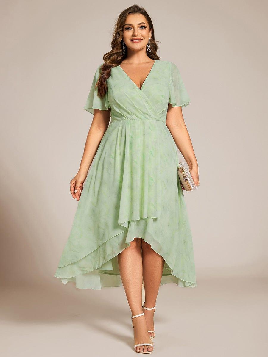pretty LARK|Plus Size Chiffon Short Sleeves Pleated V-Neck A-Line Midi Wedding Guest Dress