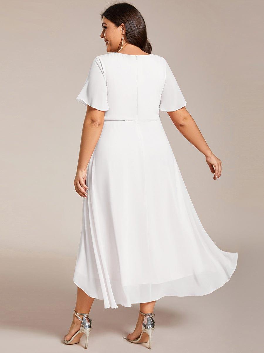 pretty LARK|Plus Size Chiffon Short Sleeves Pleated V-Neck A-Line Midi Wedding Guest Dress