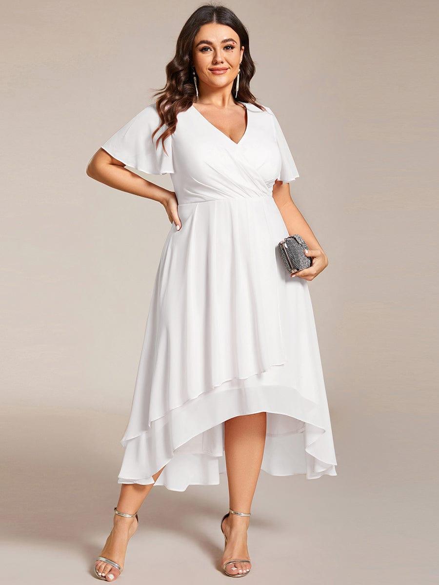 pretty LARK|Plus Size Chiffon Short Sleeves Pleated V-Neck A-Line Midi Wedding Guest Dress