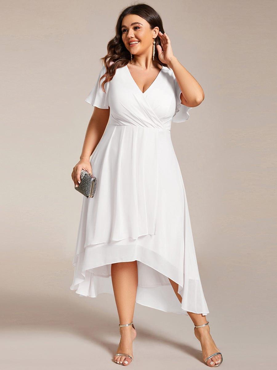 pretty LARK|Plus Size Chiffon Short Sleeves Pleated V-Neck A-Line Midi Wedding Guest Dress