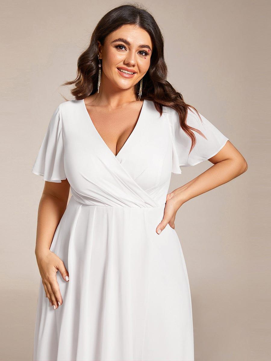 pretty LARK|Plus Size Chiffon Short Sleeves Pleated V-Neck A-Line Midi Wedding Guest Dress