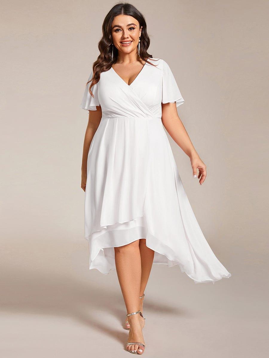 pretty LARK|Plus Size Chiffon Short Sleeves Pleated V-Neck A-Line Midi Wedding Guest Dress