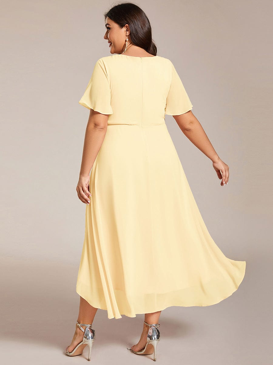 pretty LARK|Plus Size Chiffon Short Sleeves Pleated V-Neck A-Line Midi Wedding Guest Dress