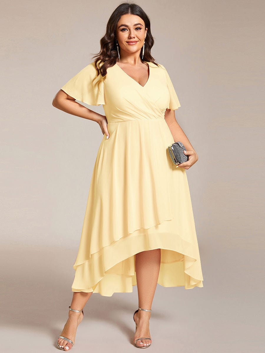 pretty LARK|Plus Size Chiffon Short Sleeves Pleated V-Neck A-Line Midi Wedding Guest Dress