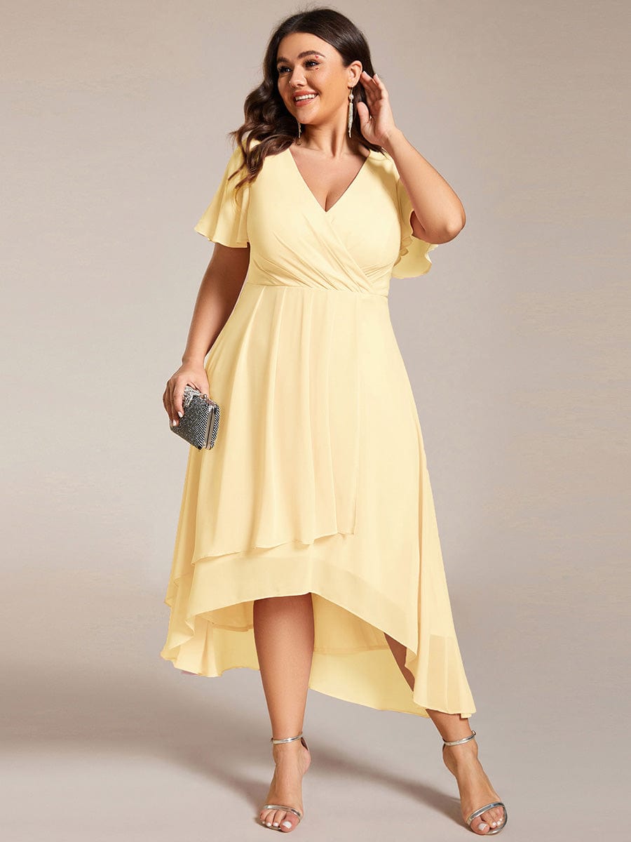 pretty LARK|Plus Size Chiffon Short Sleeves Pleated V-Neck A-Line Midi Wedding Guest Dress