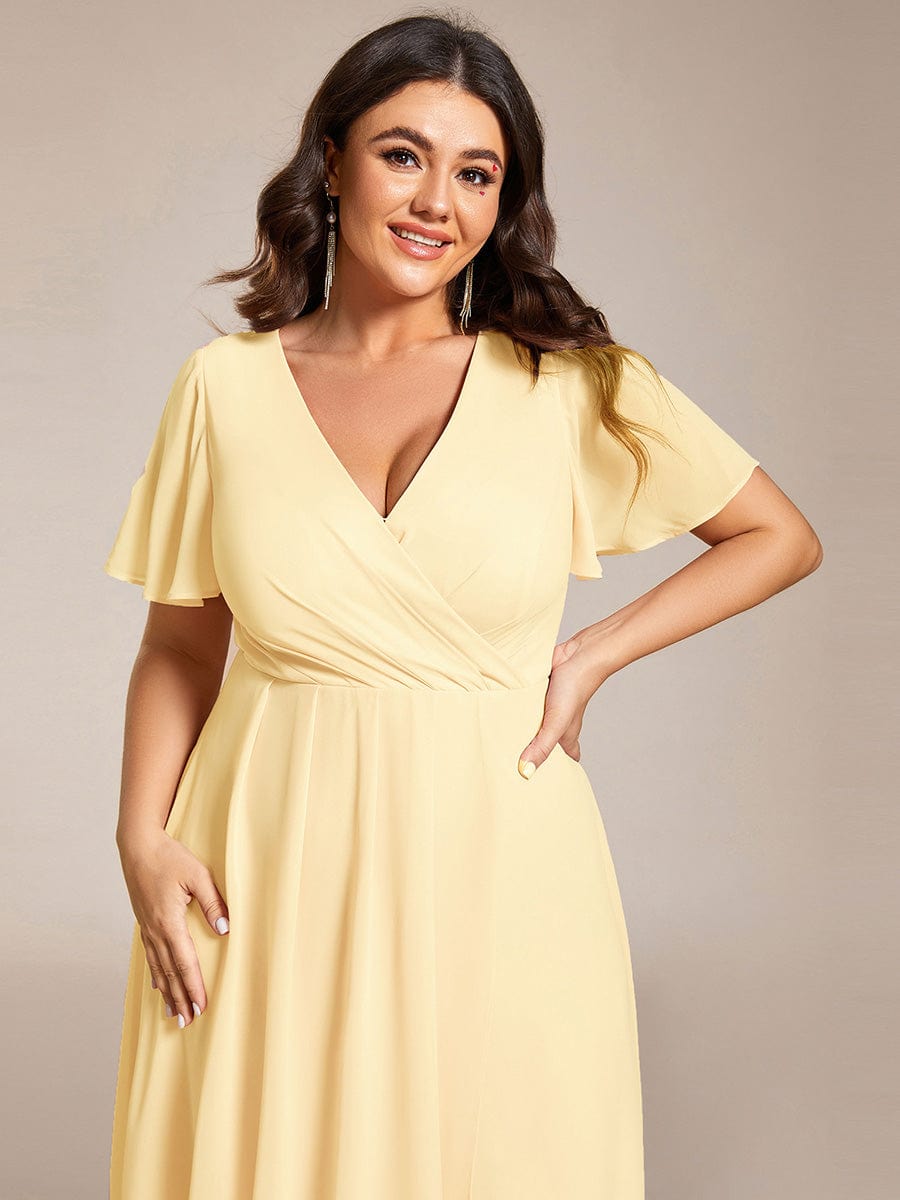 pretty LARK|Plus Size Chiffon Short Sleeves Pleated V-Neck A-Line Midi Wedding Guest Dress