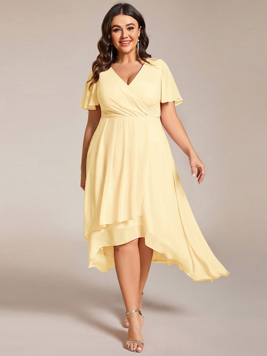 pretty LARK|Plus Size Chiffon Short Sleeves Pleated V-Neck A-Line Midi Wedding Guest Dress