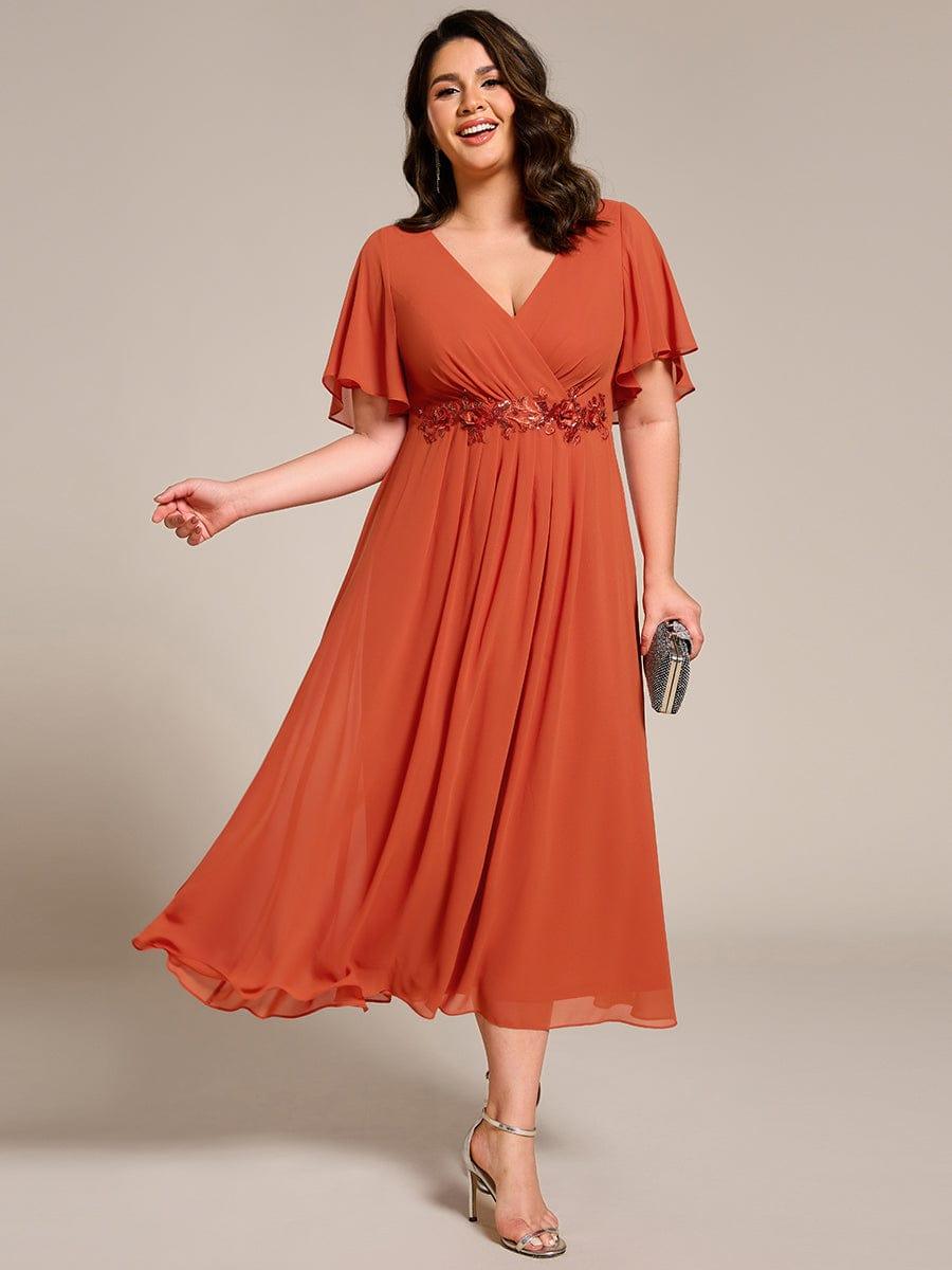pretty DAHLIA|Plus Size Elegant Short Sleeves V-Neck Floral Applique Wedding Guest Dress