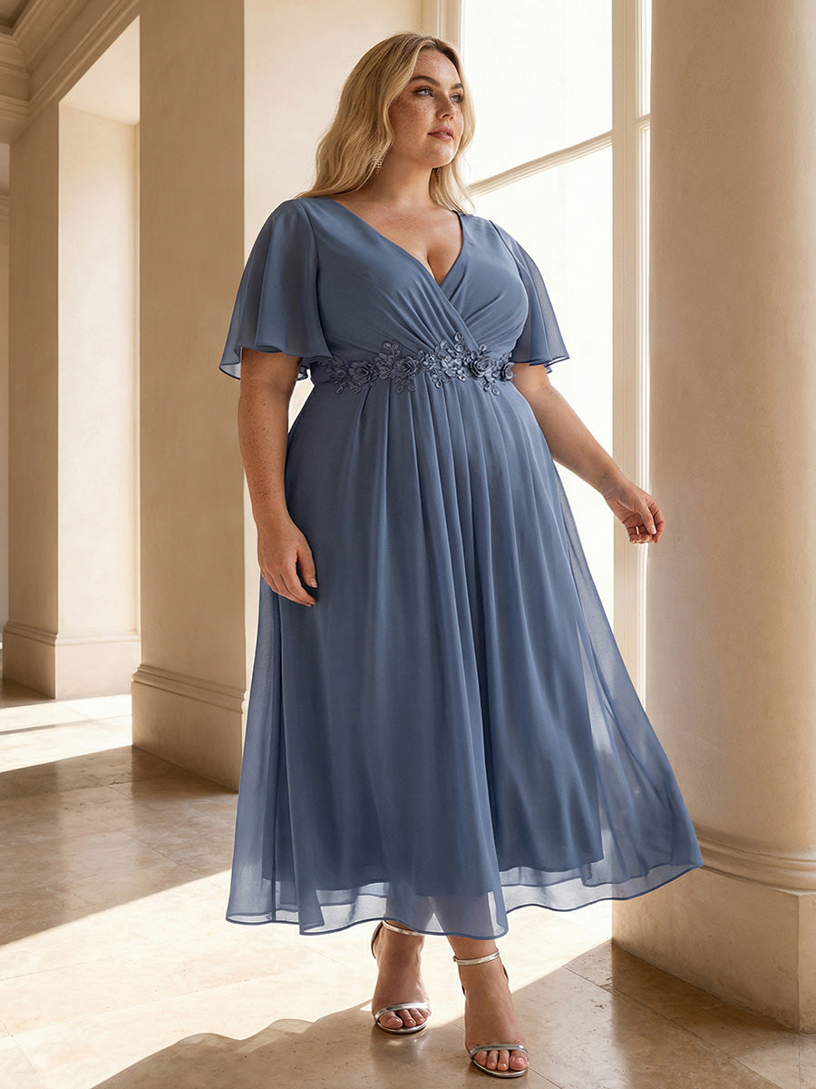 pretty DAHLIA|Plus Size Elegant Short Sleeves V-Neck Floral Applique Wedding Guest Dress