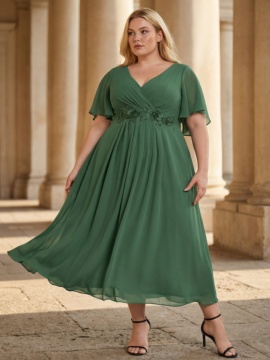 pretty DAHLIA|Plus Size Elegant Short Sleeves V-Neck Floral Applique Wedding Guest Dress