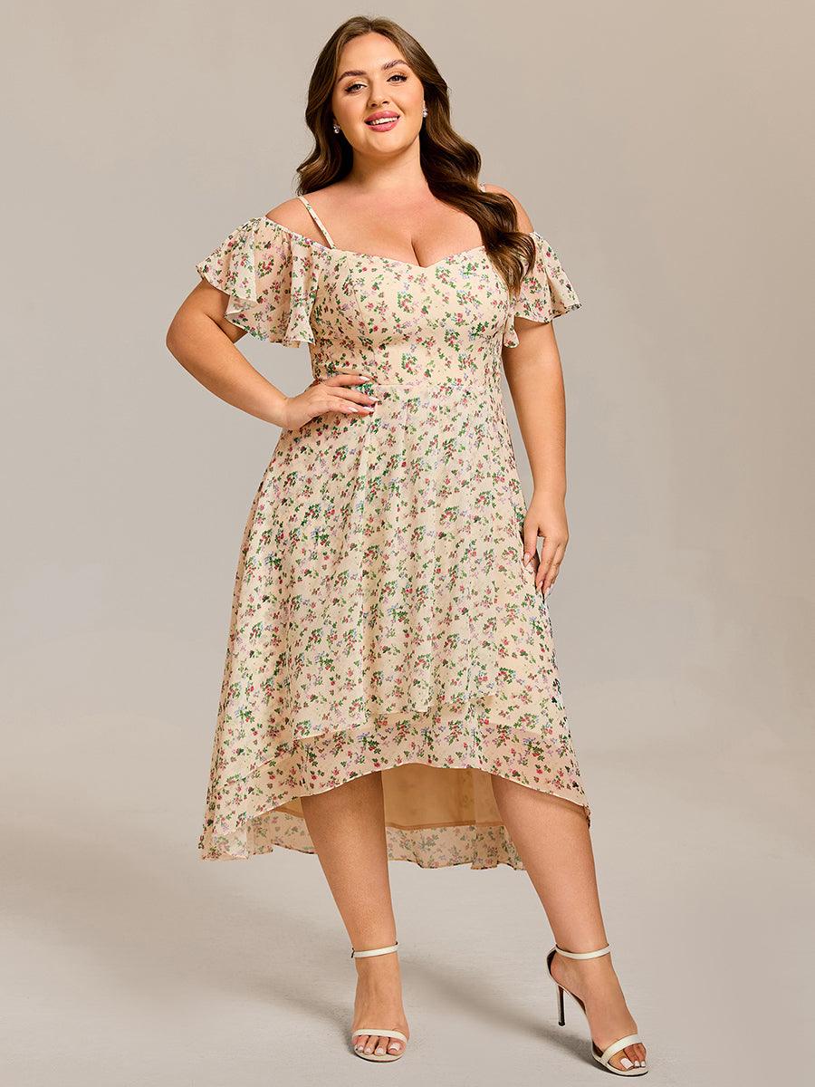 pretty JORDANE|Plus Size Cold Shoulder Sweetheart Necklin Chiffon Midi Wedding Guest Dress
