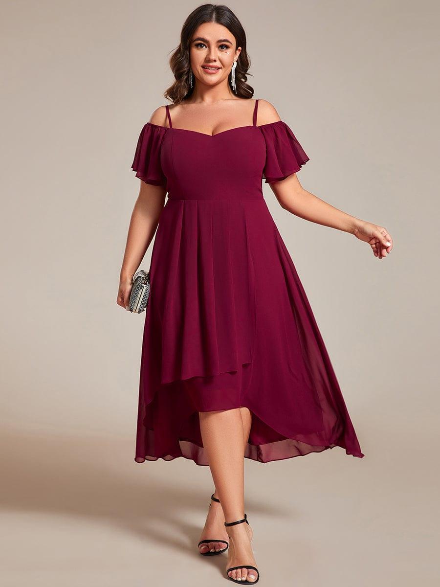 pretty JORDANE|Plus Size Cold Shoulder Sweetheart Necklin Chiffon Midi Wedding Guest Dress