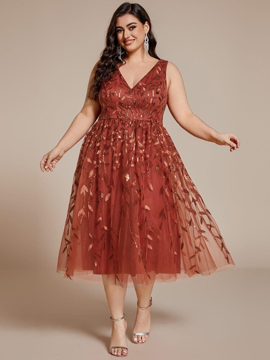 pretty ROUX|Plus Size Sleeveless Leaf Sequin A-Line Midi Wedding Guest Dress