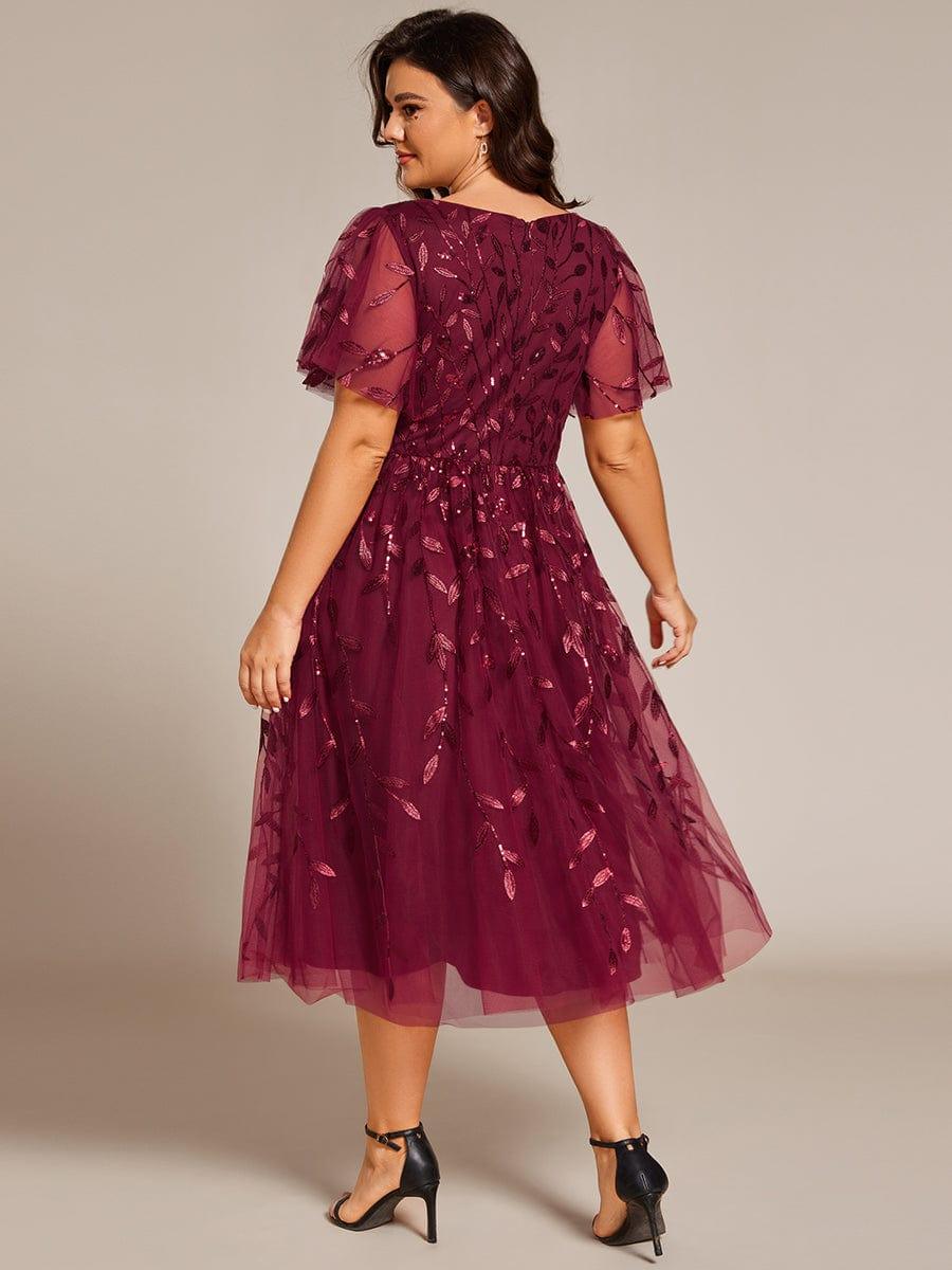 pretty SIMONE|Plus Size Sparkly A-Line Midi Tulle Formal Wedding Guest Dress with Leaf Sequin