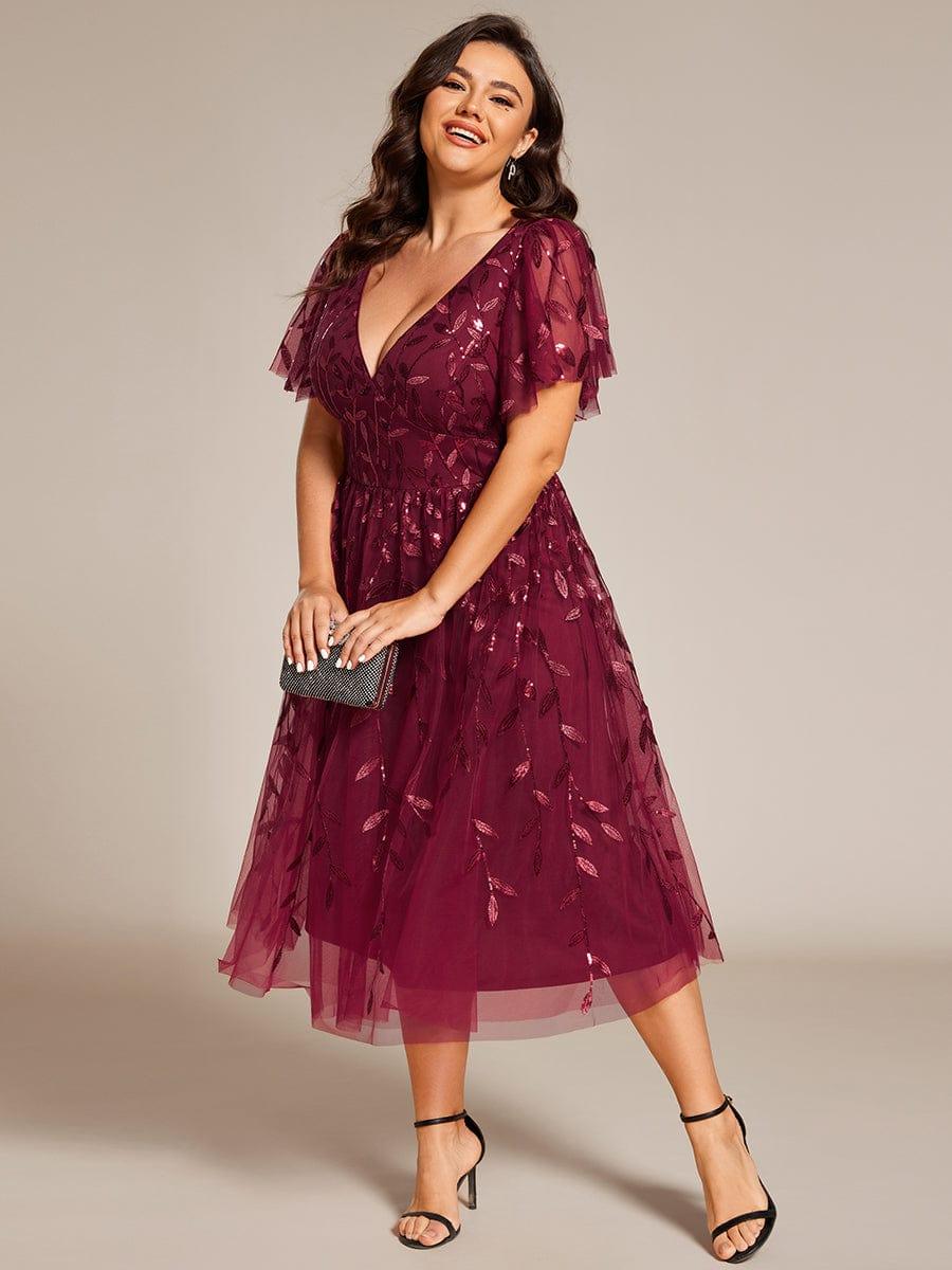 pretty SIMONE|Plus Size Sparkly A-Line Midi Tulle Formal Wedding Guest Dress with Leaf Sequin