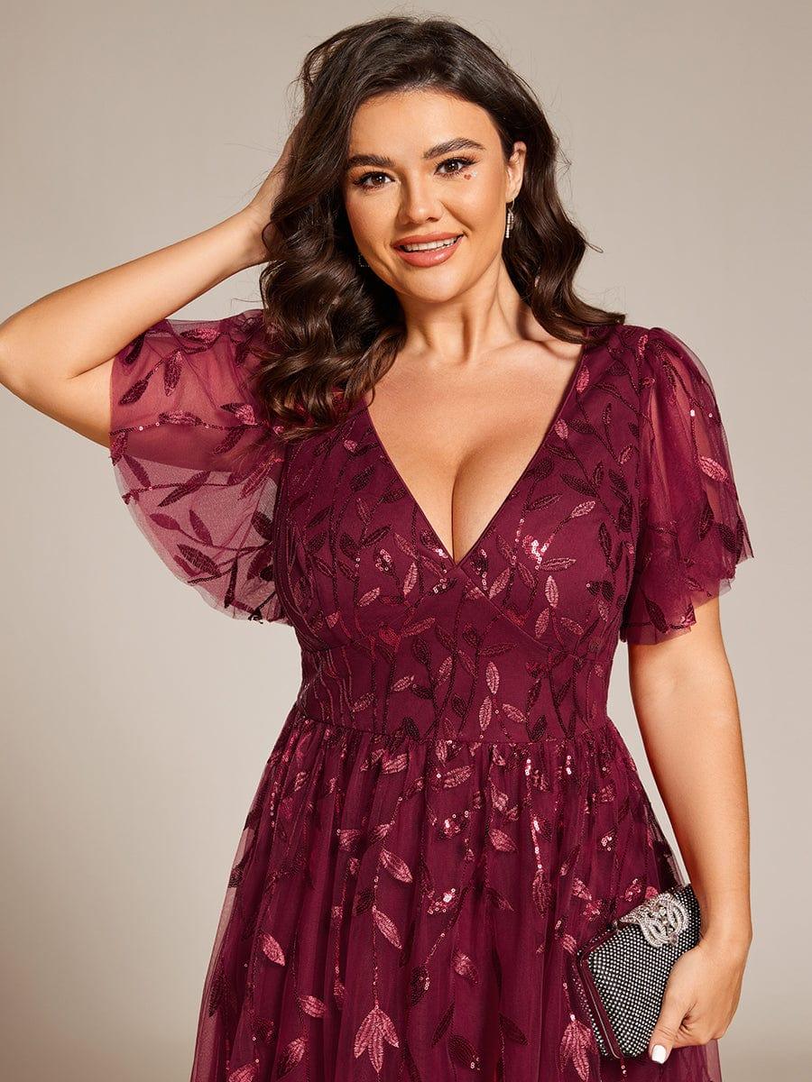 pretty SIMONE|Plus Size Sparkly A-Line Midi Tulle Formal Wedding Guest Dress with Leaf Sequin