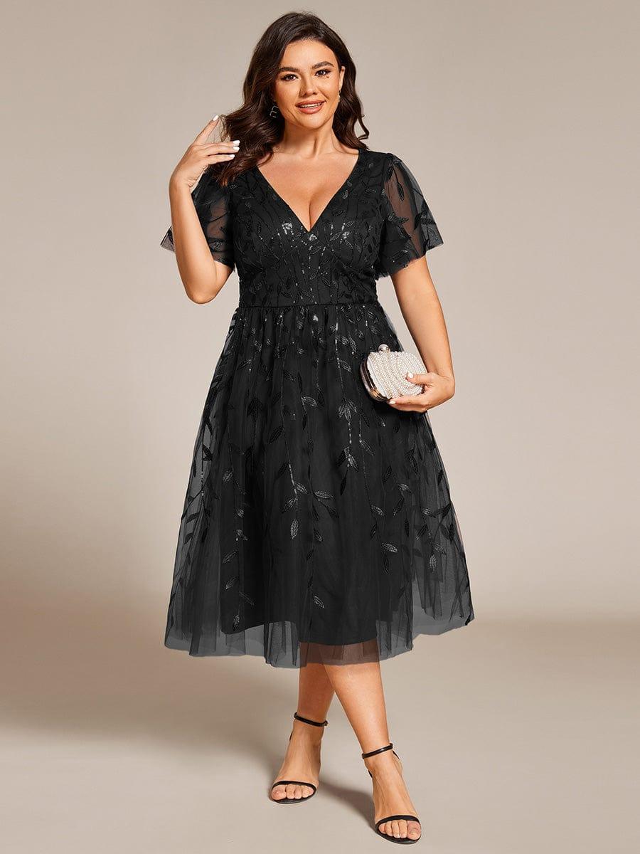 pretty SIMONE|Plus Size Sparkly A-Line Midi Tulle Formal Wedding Guest Dress with Leaf Sequin