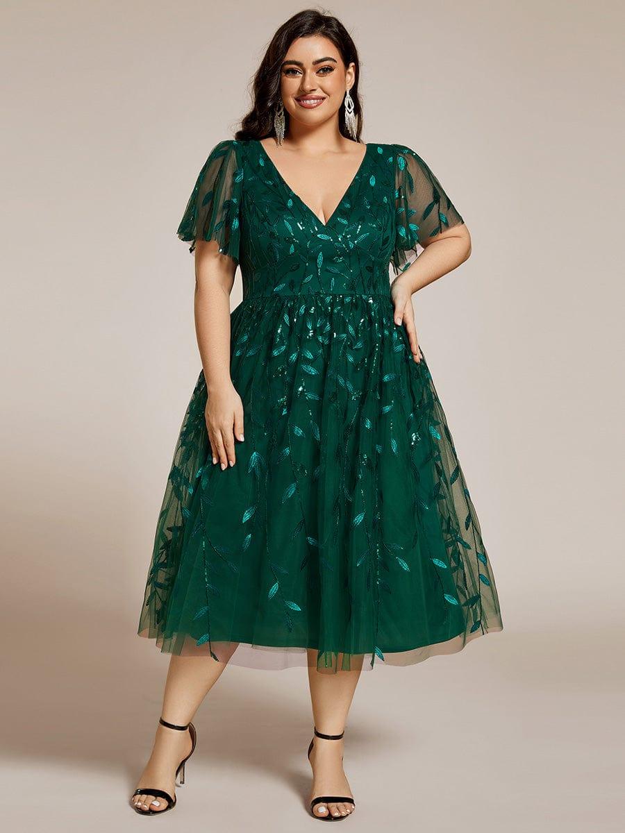 pretty SIMONE|Plus Size Sparkly A-Line Midi Tulle Formal Wedding Guest Dress with Leaf Sequin