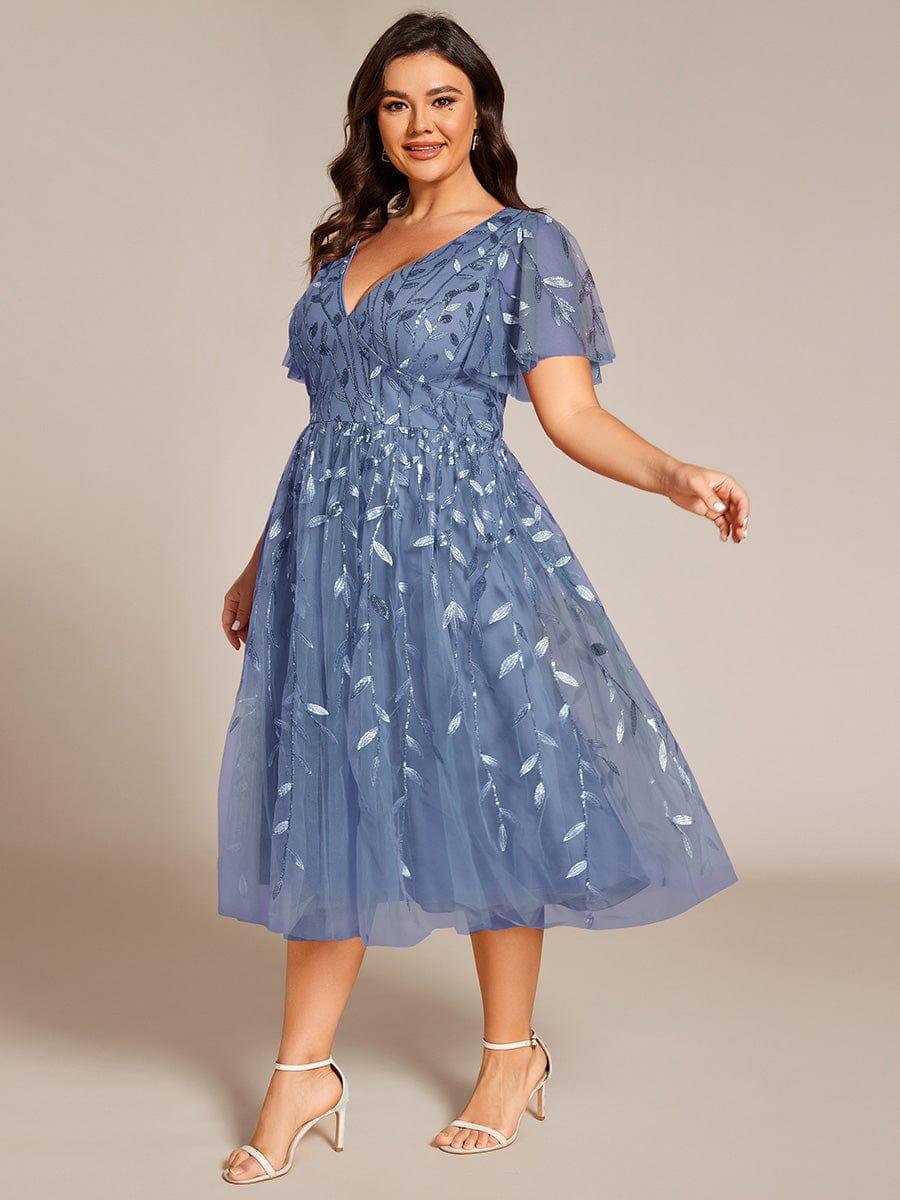 pretty SIMONE|Plus Size Sparkly A-Line Midi Tulle Formal Wedding Guest Dress with Leaf Sequin