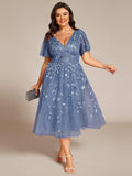 pretty SIMONE|Plus Size Sparkly A-Line Midi Tulle Formal Wedding Guest Dress with Leaf Sequin