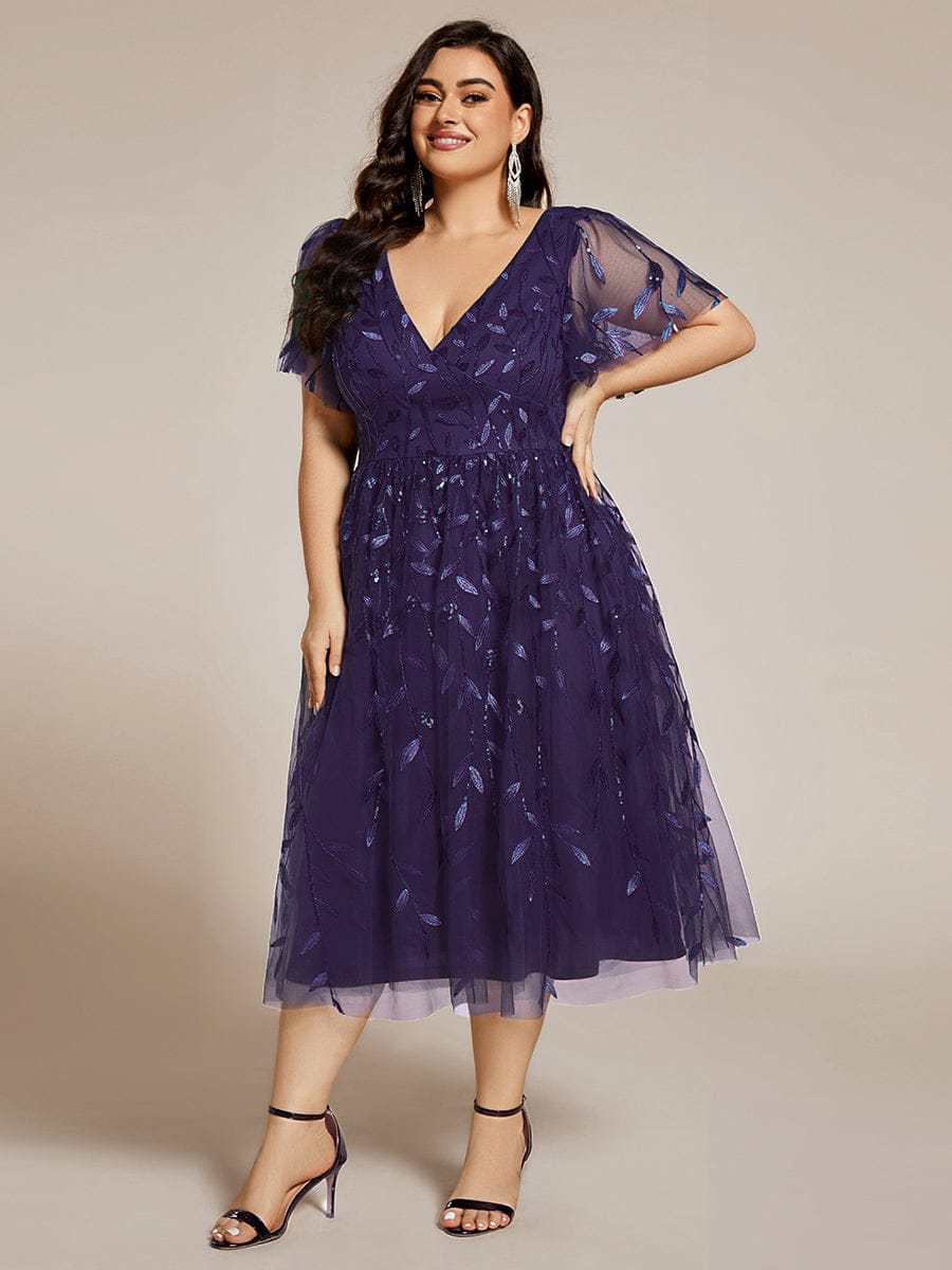 pretty SIMONE|Plus Size Sparkly A-Line Midi Tulle Formal Wedding Guest Dress with Leaf Sequin