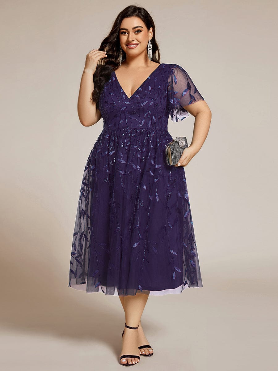 pretty SIMONE|Plus Size Sparkly A-Line Midi Tulle Formal Wedding Guest Dress with Leaf Sequin