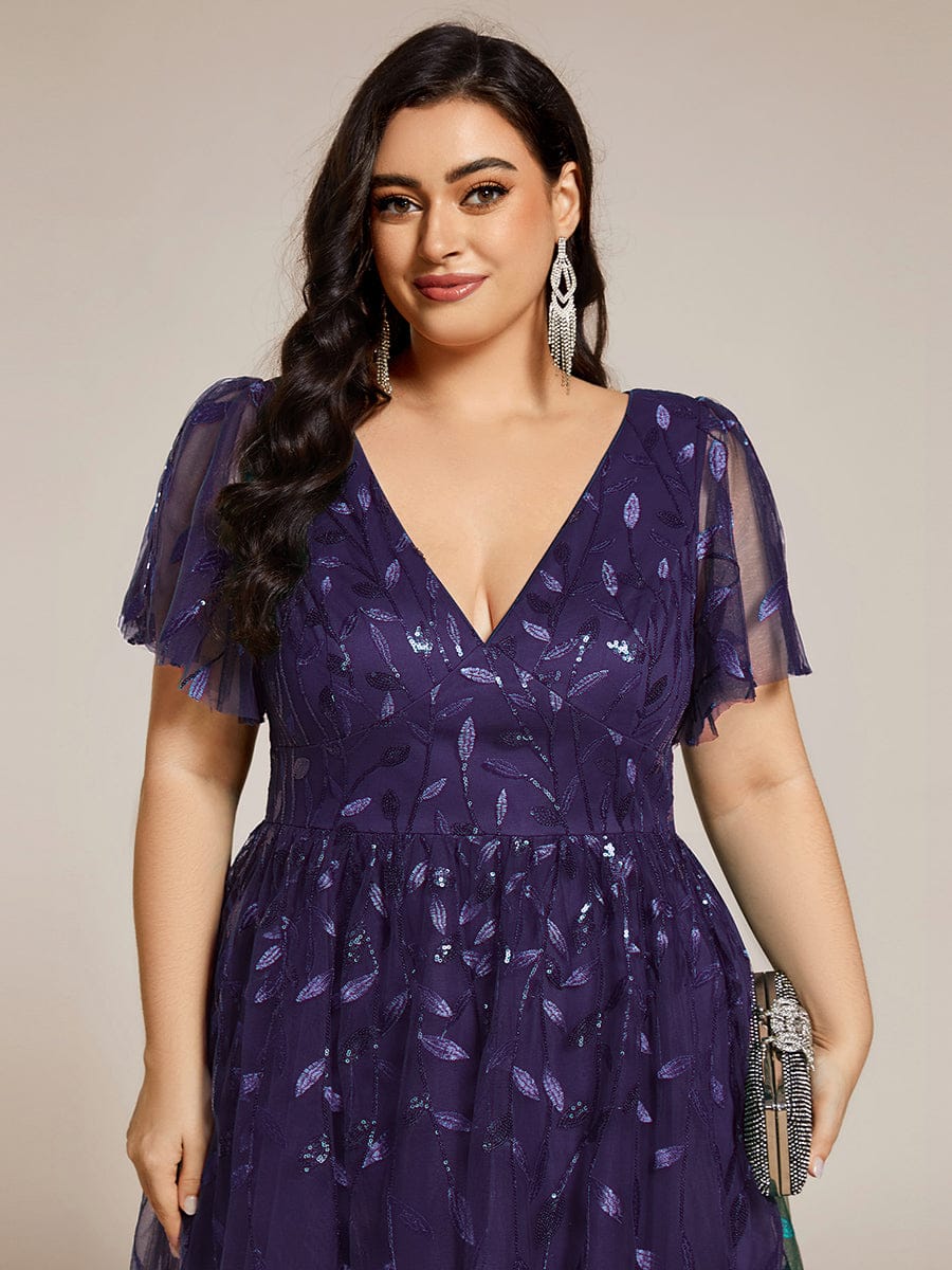 pretty SIMONE|Plus Size Sparkly A-Line Midi Tulle Formal Wedding Guest Dress with Leaf Sequin