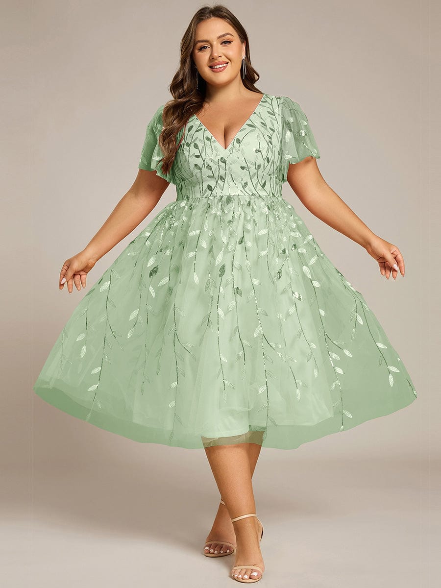 pretty SIMONE|Plus Size Sparkly A-Line Midi Tulle Formal Wedding Guest Dress with Leaf Sequin