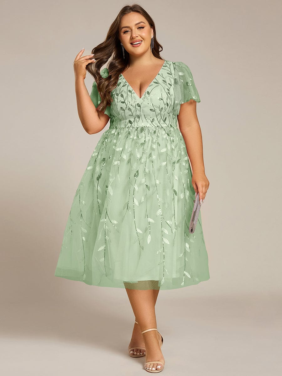 pretty SIMONE|Plus Size Sparkly A-Line Midi Tulle Formal Wedding Guest Dress with Leaf Sequin