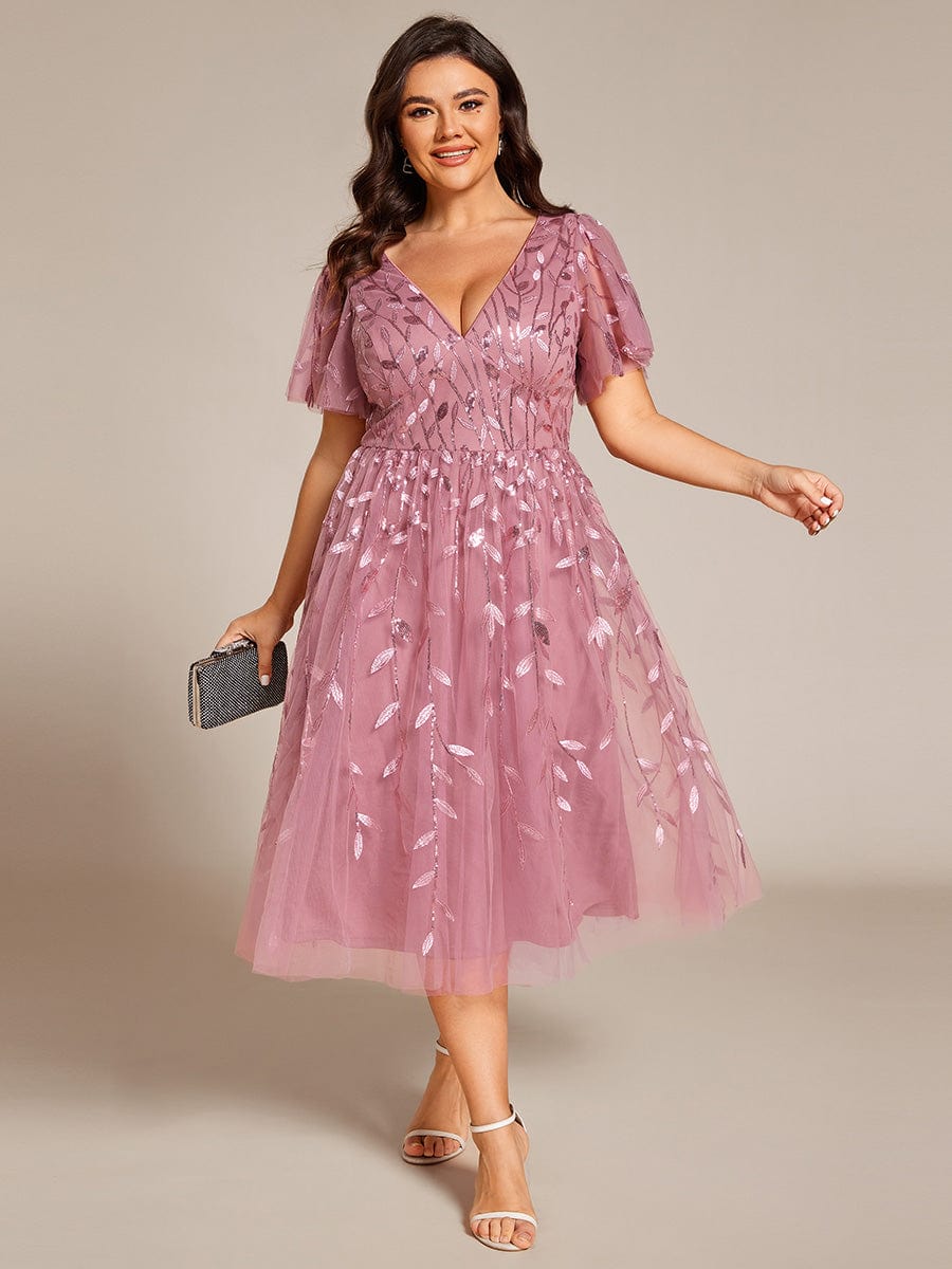 pretty SIMONE|Plus Size Sparkly A-Line Midi Tulle Formal Wedding Guest Dress with Leaf Sequin