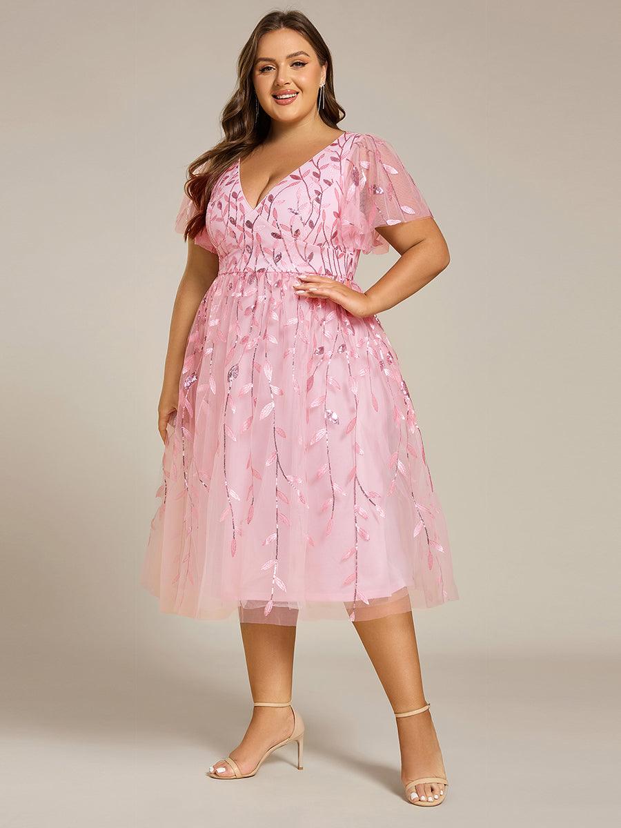 pretty SIMONE|Plus Size Sparkly A-Line Midi Tulle Formal Wedding Guest Dress with Leaf Sequin