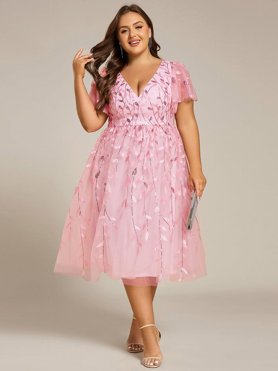 pretty SIMONE|Plus Size Sparkly A-Line Midi Tulle Formal Wedding Guest Dress with Leaf Sequin