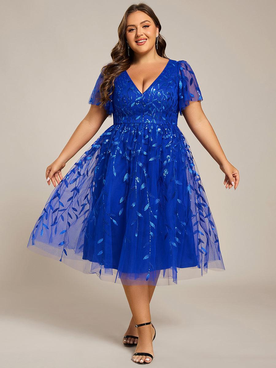 pretty SIMONE|Plus Size Sparkly A-Line Midi Tulle Formal Wedding Guest Dress with Leaf Sequin