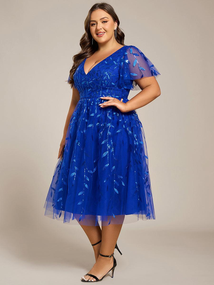pretty SIMONE|Plus Size Sparkly A-Line Midi Tulle Formal Wedding Guest Dress with Leaf Sequin