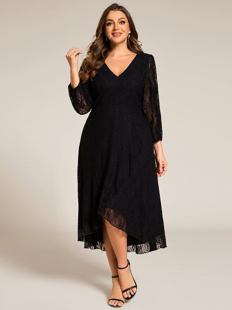 pretty CAMILLE|Plus Size Midi Long Lantern Sleeves V-Neck Lace Wedding Guest Dress